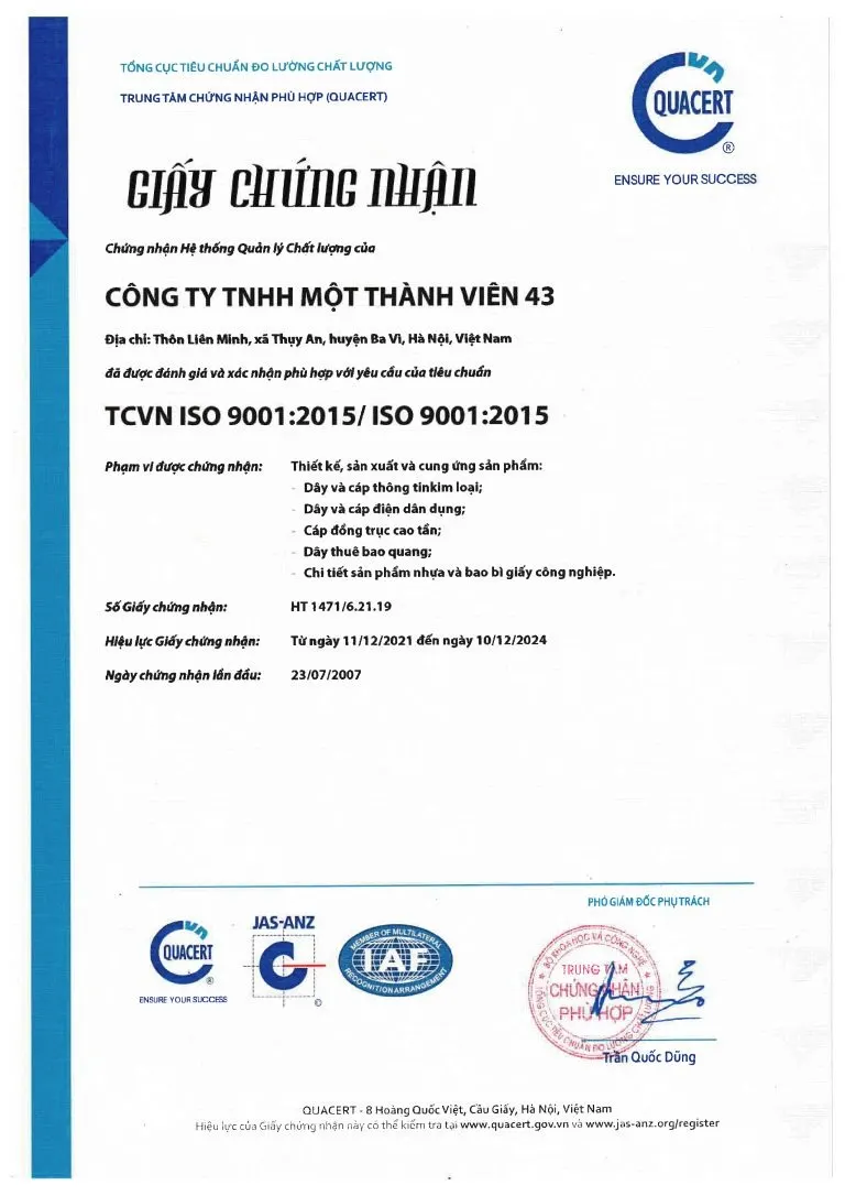 ISO 9001:2015 – Hệ thống quản lý chất lượng (Công ty TNHH MTV 43)